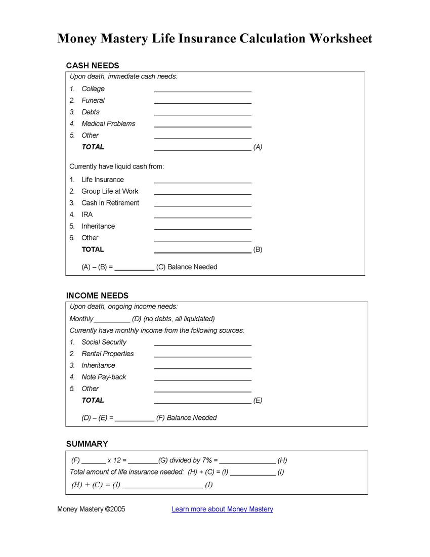 Life Insurance Needs Worksheet - Promotiontablecovers